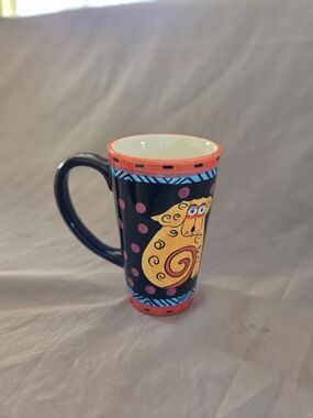 Laurel Burch Black Mug with Yellow Dog and Coral Trim